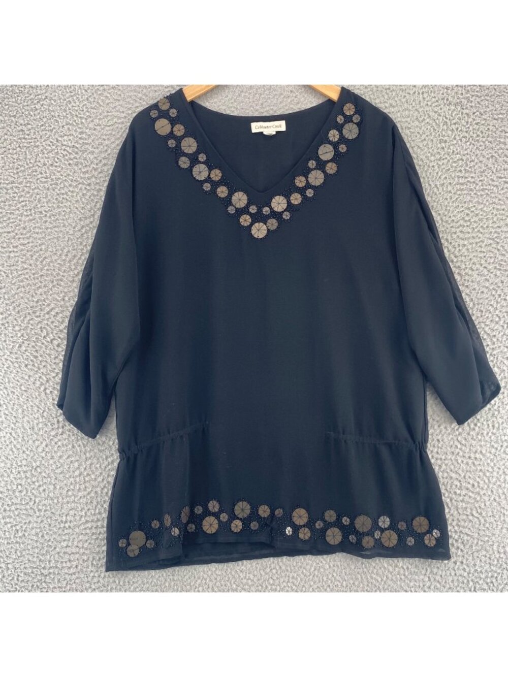Coldwater Creek Top Womens Large Black Beaded Embroidery V Neck Dolman Sleeves*